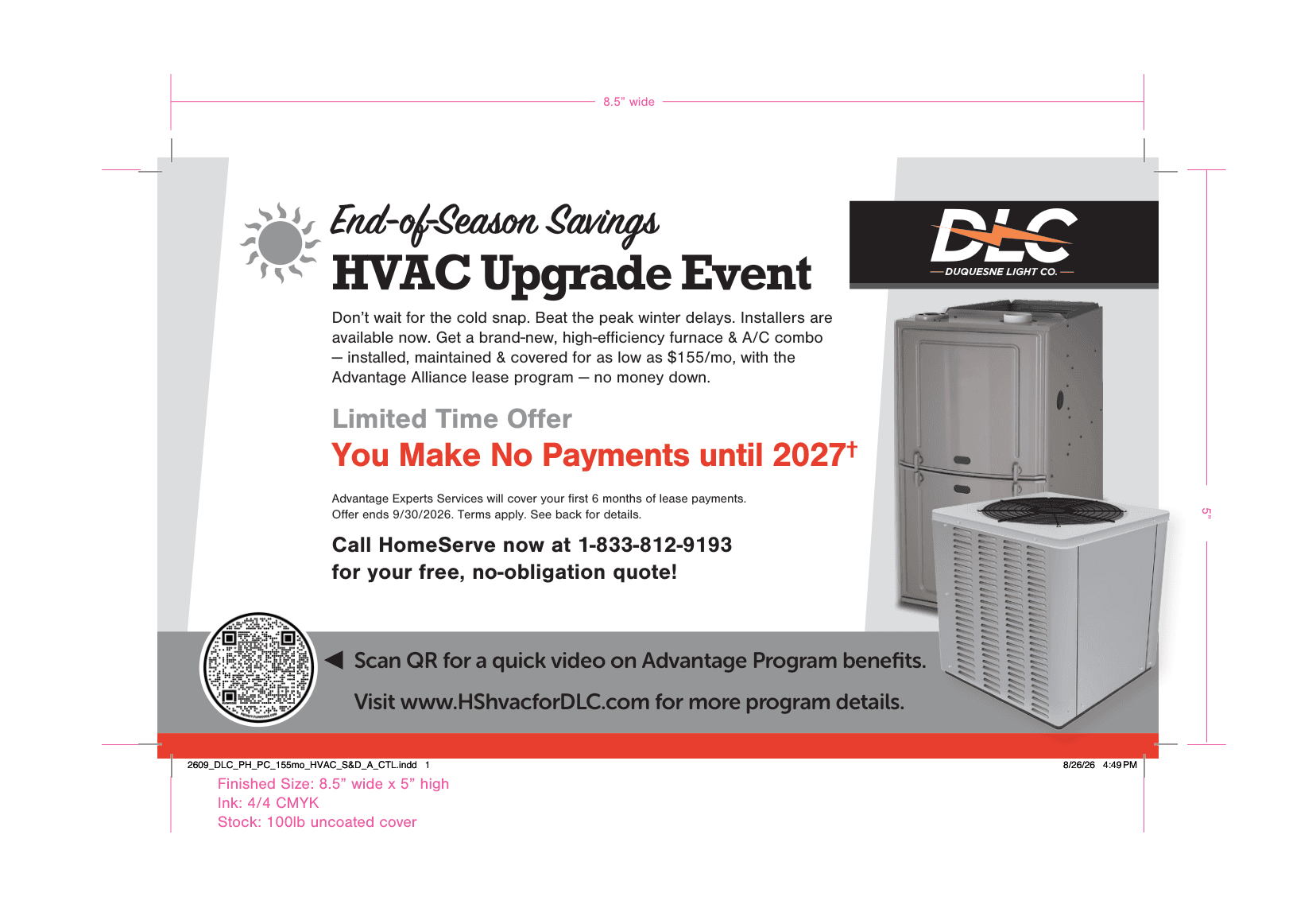 Duquesne Light end-of-season HVAC mailer with partner logo, furnace and condenser.