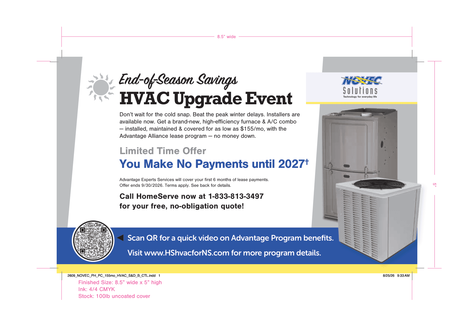 NOVEC Solutions end-of-season HVAC mailer with partner logo, furnace and condenser.
