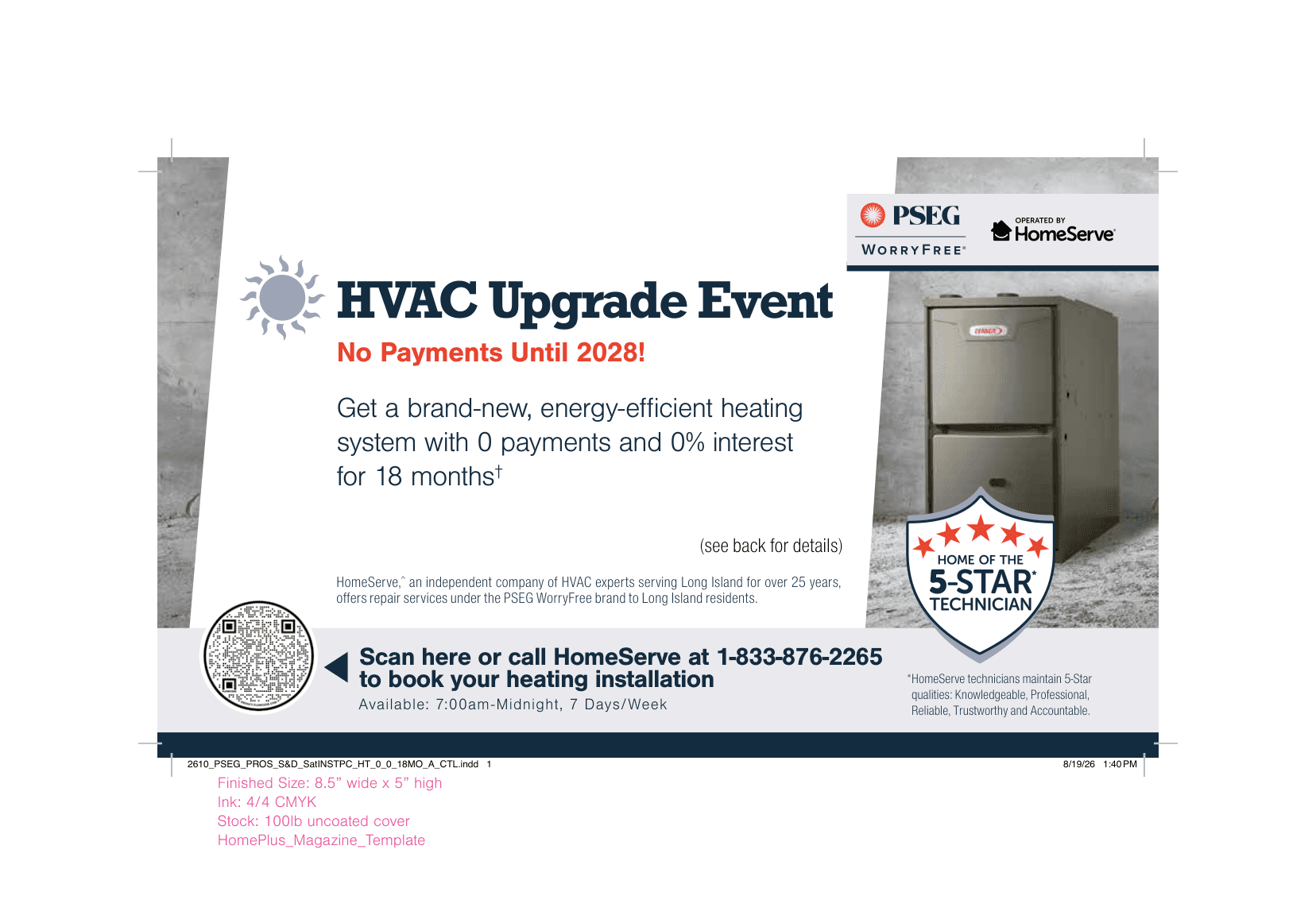 PSEG end-of-season HVAC mailer with WorryFree lockup, furnace and 5-star badge.