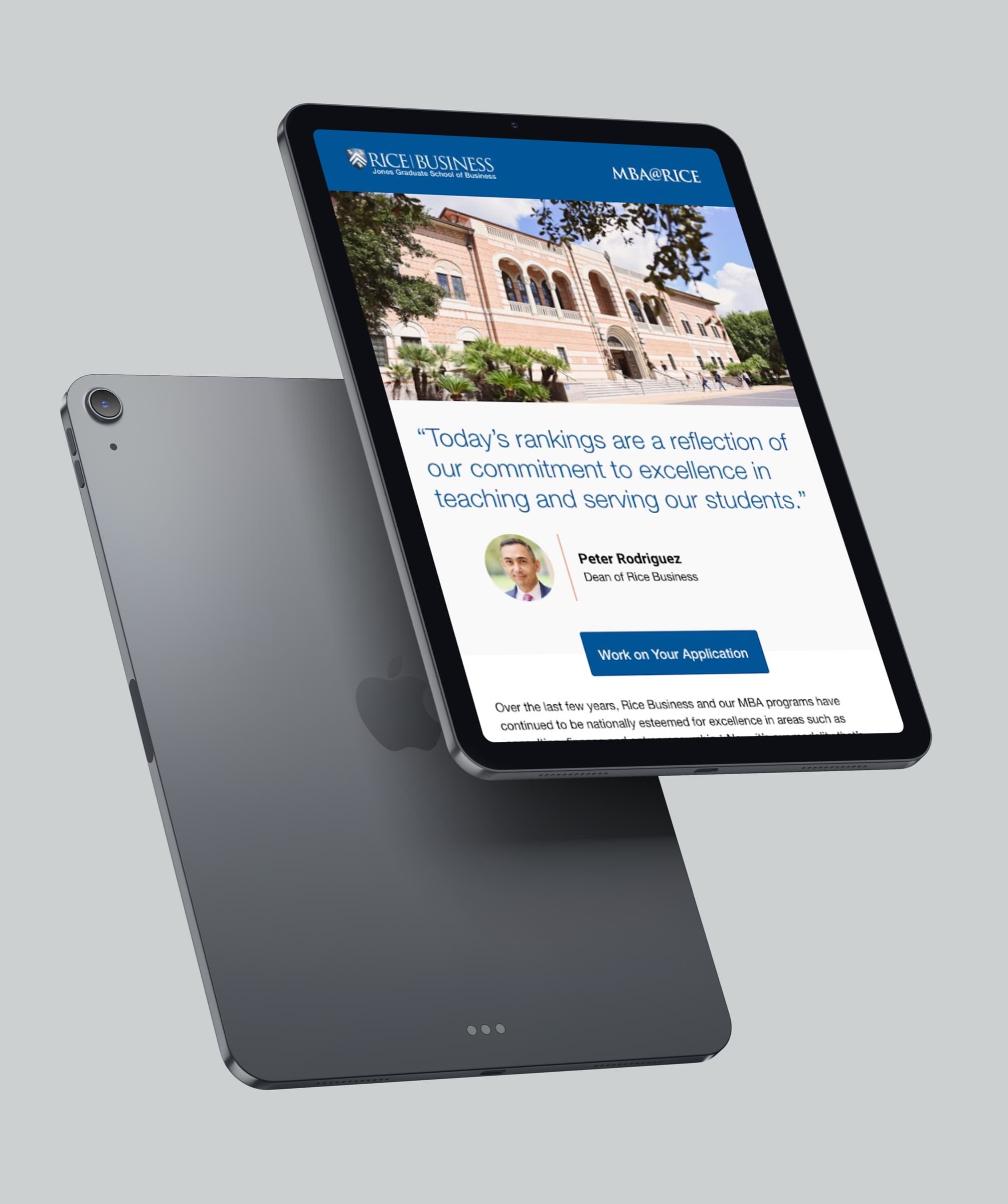 Rice Business MBA landing page on a tablet, with campus photography, a dean quote and an application call to action.
