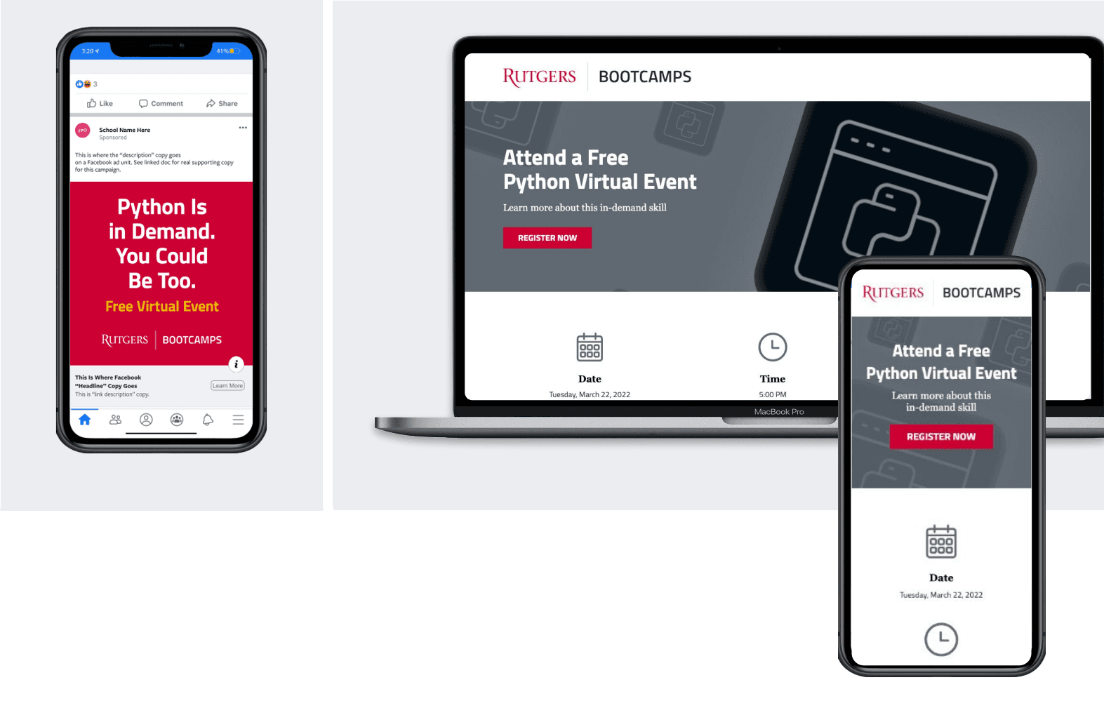 Rutgers Bootcamps Python campaign across a paid social advertisement, a desktop landing page and a mobile landing page.