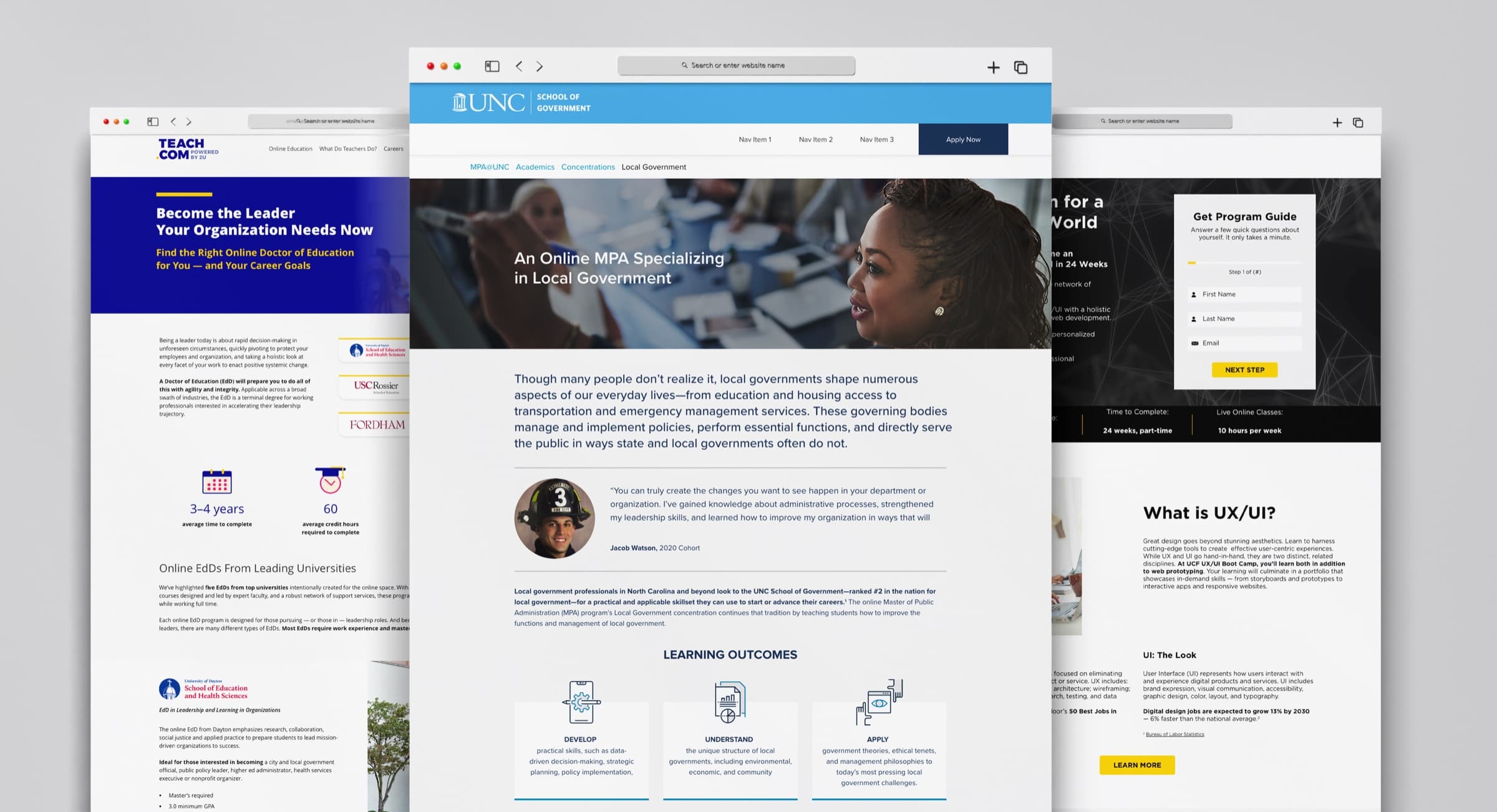 Grouped desktop landing pages for Teach.com, UNC School of Government and a UX/UI boot camp, each using a different university brand inside a shared campaign structure.